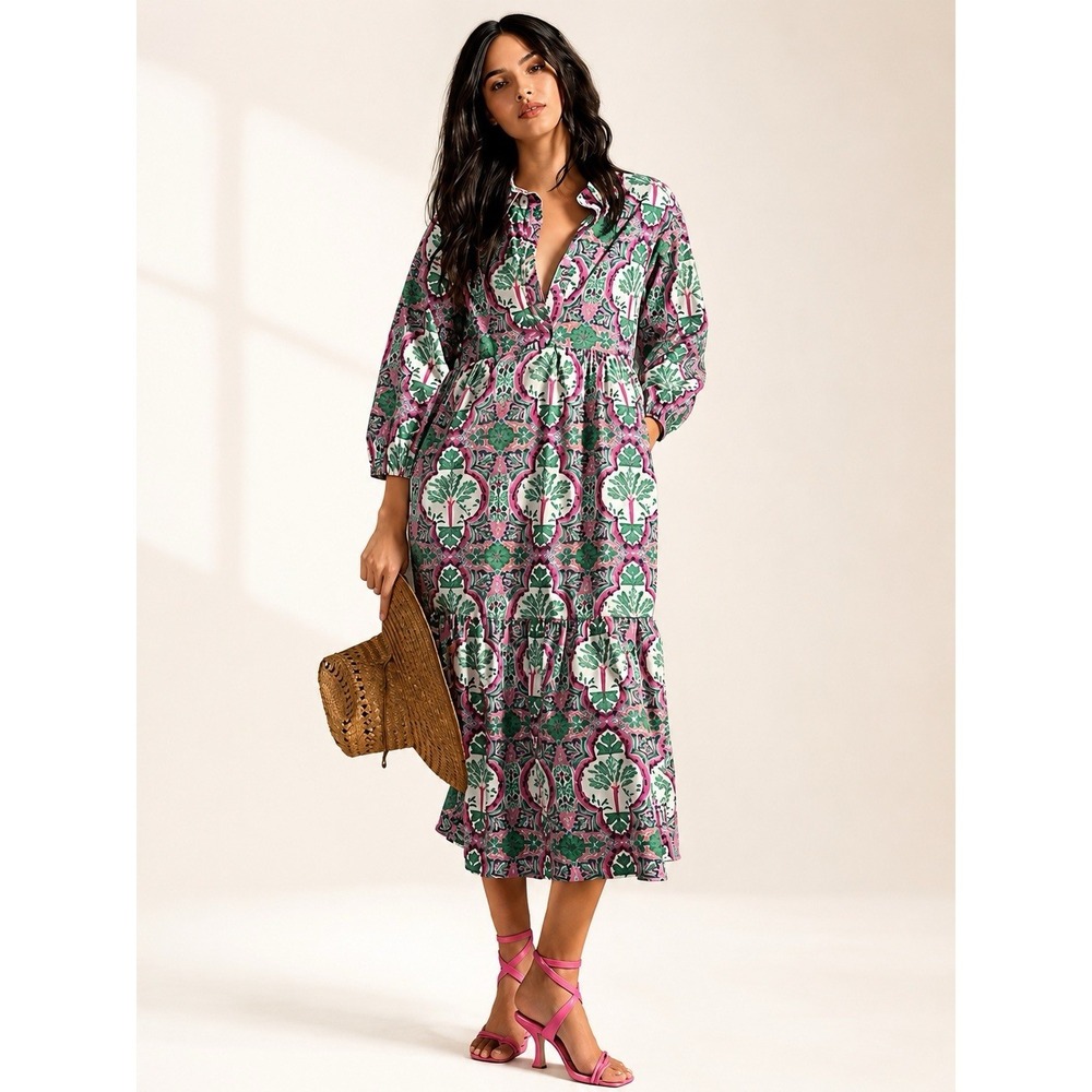 Maeve Anthropologie The Bettina Pink Green Tropical Midi Dress Small